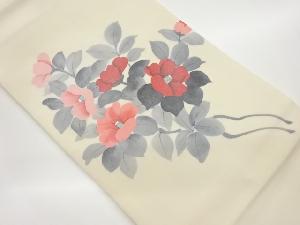 塩瀬銀彩手描き椿に枝葉模様名古屋帯